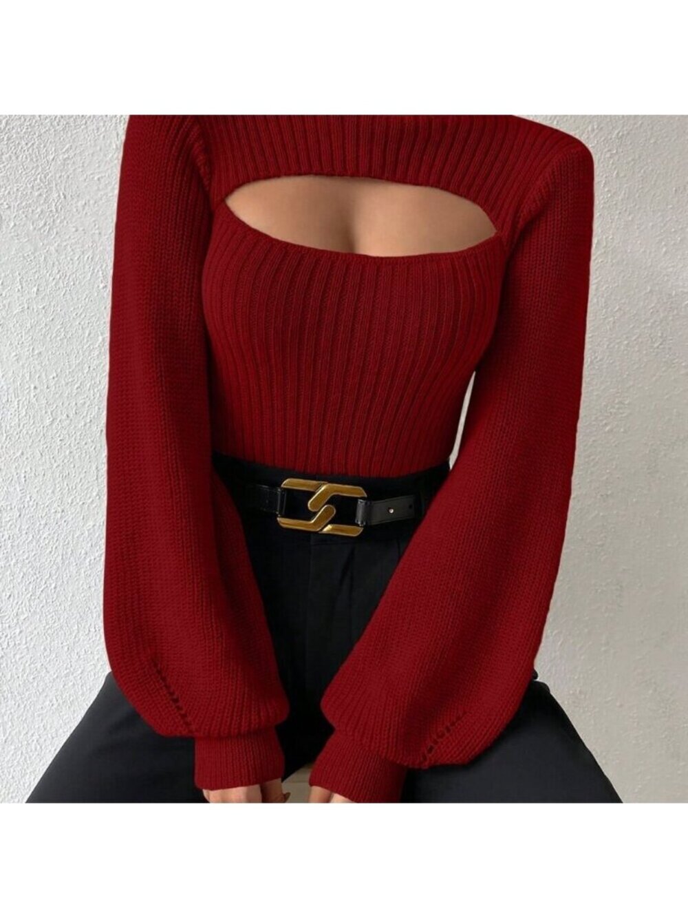 Red Casual Women's Turtleneck Long Sleeve Hollow Out Sweater